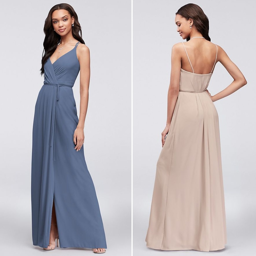 Steel Blue Double-Strap Long Georgette Wrap Dress